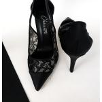 Schwarze Bestickte Pfennigabsatz High Heels & Stiletto-Pumps in Breitweite aus Leder für Damen Größe 43 