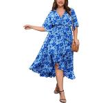 Blaue Sexy Kurzärmelige Maxi V-Ausschnitt Wickelkleider aus Polyester für Damen Größe XL Große Größen für den für den Sommer 