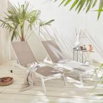 Set mit 2 ELSA Sonnenliegen aus weißem Aluminium und taupefarbenem Textilene, Liegestühle mit mehreren Positionen und Rädern, Weiß