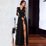 Schwarze Sexy Langärmelige Maxi V-Ausschnitt Lange Abendkleider mit Reißverschluss aus Spitze für Damen Größe XS 
