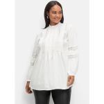 Weiße Unifarbene Langärmelige Sheego Rundhals-Ausschnitt Tunika-Blusen mit Rüschen aus Baumwolle für Damen Größe 3 XL Große Größen 