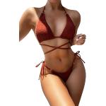 SheIn Damen Bikini Sets Neckholder Swimwear Hoher Ausschnitt Tanga High Waist Bademode Zweiteiliger Swimsuits mit Ring Rostbraun L