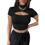 Schwarze Sexy Kurzärmelige SheIn Stehkragen T-Shirts mit Cutwork für Damen Größe XS für den für den Sommer 