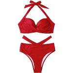 SheIn Damen Neckholder Bikini Sets Push Up Cut Outs Tanga Bikinitop High Waist Bademode Zweiteiliger Swimwear mit Knoten Rot XL