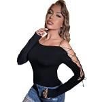 Schwarze Casual Langärmelige SheIn Schulterfreie T-Shirts mit Cutwork für Damen Größe L 