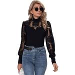 Schwarze Elegante Langärmelige SheIn Stehkragen T-Shirts mit Puffärmeln aus Spitze für Damen Größe XL 