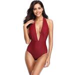 Bordeauxrote Sexy V-Ausschnitt Neckholder Badeanzüge für Damen Größe XL 1-teilig für den für den Sommer 