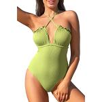 Grüne Vintage V-Ausschnitt Neckholder Badeanzüge mit Cutwork für Damen Größe L 1-teilig für den für den Sommer 