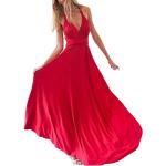 Rote Vintage Ärmellose Maxi V-Ausschnitt Abendkleider rückenfrei aus Polyester für Damen Größe S 