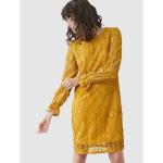 Reduzierte Gelbe Unifarbene Langärmelige Sienna Midi Rundhals-Ausschnitt Spitzenkleider mit Knopf aus Viskose für Damen 