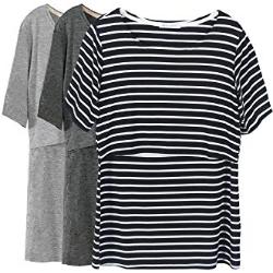 Smallshow Stillshirt Umstandstop T-Shirt Überlagertes Design Umstandsshirt Schwangerschaft Kleidung Mutterschafts Kurzarm Shirt,Dim Grey-Grey-Black Stripe,S