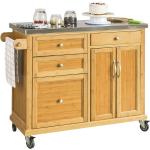 FKW70-N Kücheninsel Luxus-Küchenwagen Küchenschrank aus hochwertigem Bambus mit Edelstahlarbeitsplatte Rollwagen BHT ca.: 115x92x46cm - Sobuy