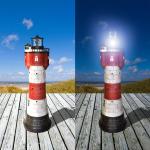 Sandfarbene haebelholz LED Solarleuchten mit Leuchtturm-Motiv aus Kunststein 