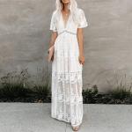 Weiße Bestickte Boho Maxi V-Ausschnitt Sommerkleider aus Spitze für Damen Größe XS Große Größen für den für den Sommer 