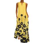 Gelbe Blumenmuster Vintage Langärmelige V-Ausschnitt Wickelkleider aus Tüll für Damen Größe 5 XL Große Größen für Hochzeitsgäste für den für den Sommer 