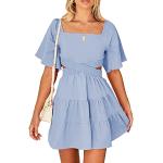 Reduzierte Hellblaue Kurzärmelige Mini Sommerkleider Gesmokte aus Baumwolle für Damen Größe XL für den für den Sommer 