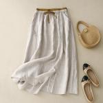 Khakifarbene Bestickte Midi Leinenröcke aus Baumwolle Handwäsche für Damen Größe XXL für den für den Sommer 