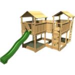 Grüne Spielturm mit Rutsche aus Holz mit Sandkasten 