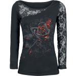 Schwarze Blumenmuster Gothic Langärmelige Spiral Direct U-Boot-Ausschnitt Print-Shirts aus Spitze für Damen Größe XXL 