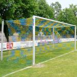 Sport-Thieme Großfeld-Fußballtor in Bodenhülsen stehend, mit freier Netzaufhängung, Alu, Weiß einbrennlackiert , Integrale Netzbefestigung