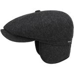 Stetson Hatteras Classic Ear Flaps Flatcap - Schirmmütze aus 100% Wolle - Fischgrätmuster - Wollcap mit Ohrenschutz - Made in The EU - Herren - Herbst/Winter schwarz-grau 56 cm
