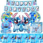 Stitch Kinder Geburtstage Partygeschirr, Lilo Stitch Besteck für Geburtstagsparty, Partydekoration, Teller, Servietten, Wimpelketten, Tischdecken,Stitch Geburtstagsdeko Luftballons (Blau)