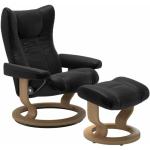 Stressless Wing Sessel Classic wahlweise mit Hocker - Leder Batick Black, Buche Holzfarbe Eiche, ohne Zusatzausstattung grau, schwarz
