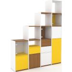 Stufenregal Gelb - Modernes Treppenregal für Bücher: Schubladen in Gelb & Türen in Kristallglas klar - 156 x 195 x 35 cm, Selbst designen