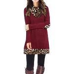 STYLEWORD Strickkleid Damen Herbstkleid Langarm Pulloverkleid Warm Winterkleid Tunika Kleid für Herbst Winter(Wein & Leopard,XX-Groß)