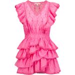 Reduzierte Pinke Gepunktete Vintage Mini V-Ausschnitt Spitzenkleider mit Rüschen aus Baumwolle für Damen Größe XS 