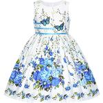 Sunny Fashion Mädchen Kleid Blau Schmetterling Beiläufig Blumen- Party Gr. 116-122 (Etikettgröße:7/8 )
