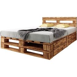 sunnypillow Palettenbett » Palettenbett M2 aus Holz mit Kopfteil und 2 Bettkästen«, 160 x 200 cm + Schubladen Geflammt, braun