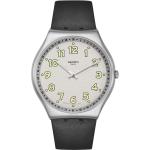 Schwarze Swatch Runde Armbanduhren aus Leder mit Analog-Zifferblatt mit Lederarmband 