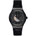 Schwarze Swatch Runde Automatik Herrenarmbanduhren aus Leder mit Analog-Zifferblatt ohne Ziffern mit Datumsanzeige mit Kunststoff-Uhrenglas mit Lederarmband 
