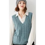 Blaue Preppy Ärmellose V-Ausschnitt Kaschmir-Pullover aus Wolle für Damen Größe L für den für den Herbst 