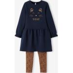Mitternachtsblaue Unifarbene Vertbaudet Kinderkleider mit Leggings mit Blumenmotiv mit Volants aus Baumwolle für Mädchen Größe 140 