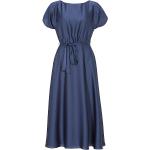 Marineblaue Unifarbene Kurzärmelige Swing Mini Kurze Abendkleider mit Cutwork mit Knopf aus Satin für Damen Größe M 