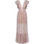 Nudefarbene Elegante Kurzärmelige Maxi Lange Abendkleider mit Rüschen mit Reißverschluss aus Brokat für Damen Übergrößen für die Braut 