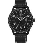 Schwarze Armbanduhren aus Kalbsleder mit Weltzeit-Zifferblatt mit GMT-Funktion 