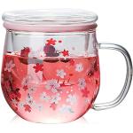 SZHTSWU Kirschblüten Glastasse und Untersetzer, Glasteetasse mit Infusor und Deckel, 300ml klarer rosa Blumentee Infusor Becher Hitzebeständigkeit Borosilikatglas Trinkbecher, Ideal für Teeliebhaber