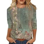 Khakifarbene Vintage 3/4-ärmelige V-Ausschnitt T-Shirts mit Blumenmotiv mit Reißverschluss aus Baumwolle für Damen Größe XXL Große Größen für Partys für den für den Sommer 