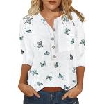 Khakifarbene Batik Vintage 3/4-ärmelige V-Ausschnitt T-Shirts mit Meer-Motiv durchsichtig mit Reißverschluss aus Baumwolle für Damen Große Größen für den für den Sommer 