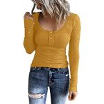 Gelbe Vintage Langärmelige Henleykragen T-Shirts aus Chiffon für Damen Größe L für den für den Sommer 