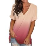 Pinke Oversize Langärmelige V-Ausschnitt T-Shirts aus Leinen für Damen für den für den Sommer 