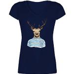 Dunkelblaue Gestreifte shirtracer V-Ausschnitt T-Shirts mit Hirsch-Motiv für Damen Größe XL zum Oktoberfest 