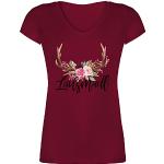 Bordeauxrote shirtracer V-Ausschnitt T-Shirts mit Hirsch-Motiv für Damen Größe S zum Oktoberfest 