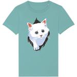 Türkise Vegane Bio Nachhaltige Rundhals-Ausschnitt Katzen Shirts für Kinder mit Katzenmotiv aus Baumwolle Größe 146 