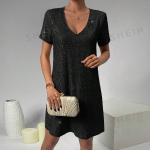 Reduzierte Schwarze Kurzärmelige SheIn V-Ausschnitt Shirtkleider mit Pailletten für Damen Größe XS für Partys 