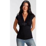 Schwarze MELROSE V-Ausschnitt T-Shirts mit Glitzer enganliegend für Damen Größe XS 