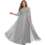 Silberne Bestickte Romantische Halblangärmelige Maxi V-Ausschnitt Lange Abendkleider aus Chiffon für Damen Größe L zum Abschlussball für den für den Winter 